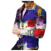 Mens Long Sleeve Floral Shirts Tie-dye Printed Lapel Cardigan Loose Special Work Button Down Blouse Shirt